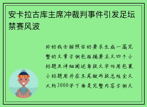 安卡拉古库主席冲裁判事件引发足坛禁赛风波 安卡拉古库主席冲裁判事件引发足坛禁赛风波